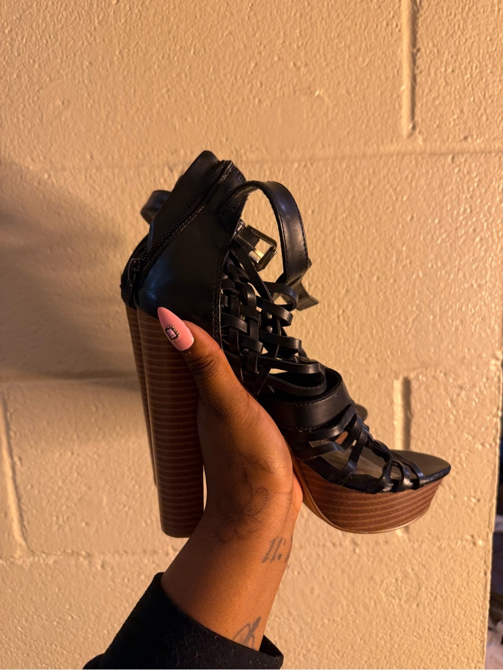JustFab Black Woven Platform Block Heel Sandals with Brown Wood-Look Heel